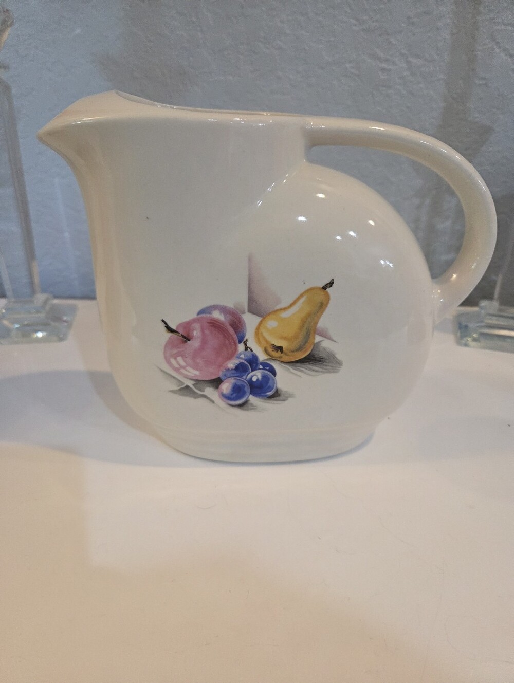 Vtg KNOWLES Utility Ware Pitcher With Hand Painted Fruit 1930 - 1960